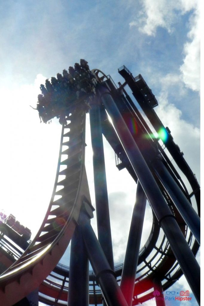 Sheikra roller coaster at Busch Gardens with People Hanging in the Air in the Florida sun