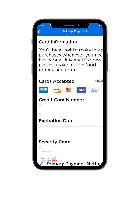 Universal Studios Mobile Order App Payment Setup