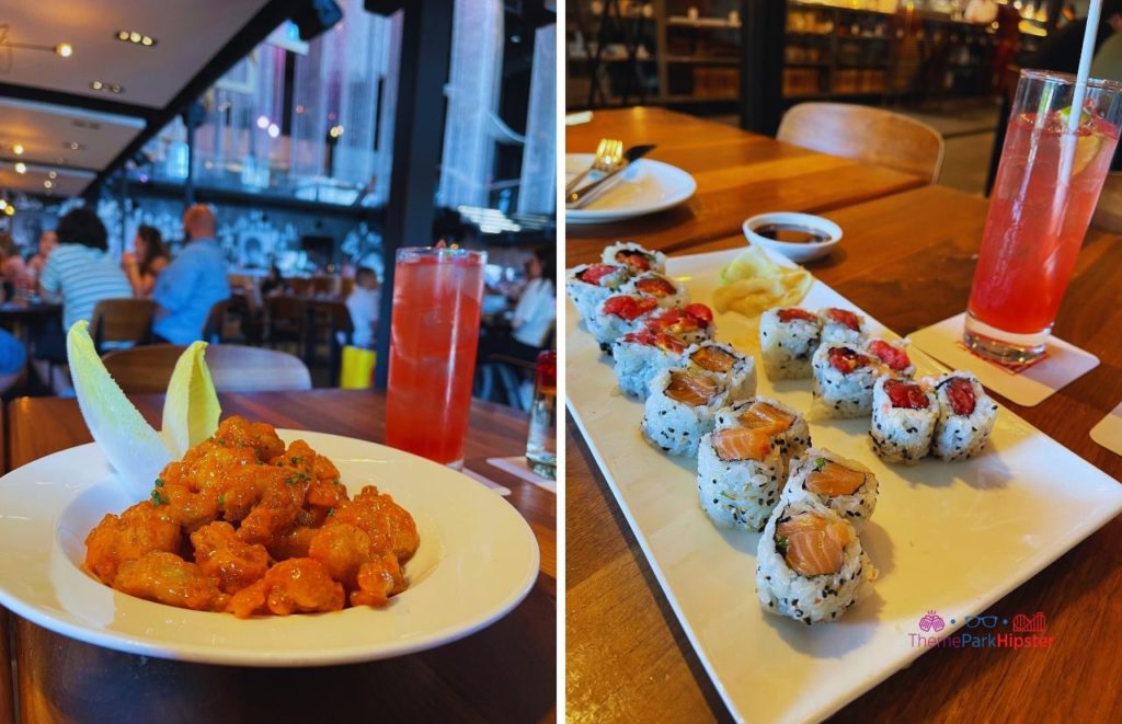 Morimoto Asia With Bang Bang Chicken Spicy Tuna Sushi and Salmon Sushi Roll. Keep reading for you perfect Disney World itinerary.