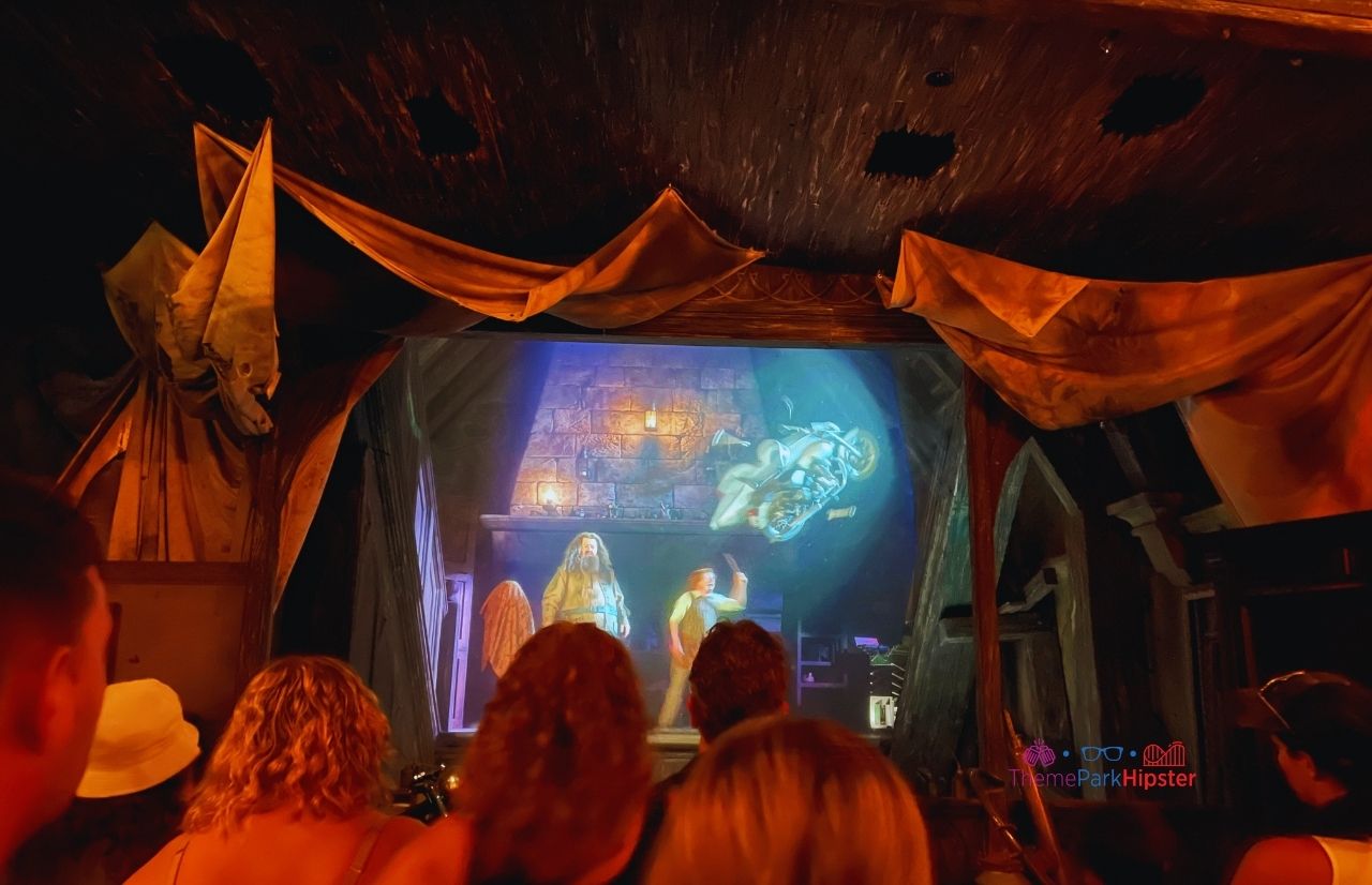 Universal Orlando Resort Hagrid's Magical Creatures Motorbike Adventure in Islands of Adventure preshow with Arthur Weasley and Hagrid. Keep reading to get The Best Wizarding World of Harry Potter Itinerary.