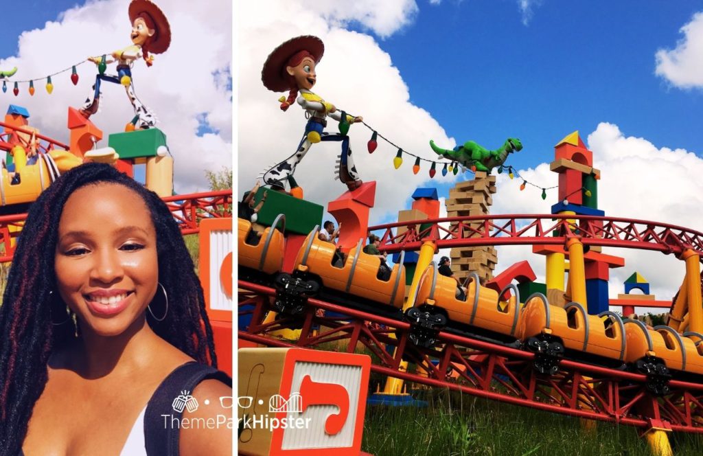 Disney Hollywood Studios Toy Story Land Slinky Dog Dash Roller Coaster with Jessie and Dinosaur with NikkyJ. One of the fastest rides at Disney World.