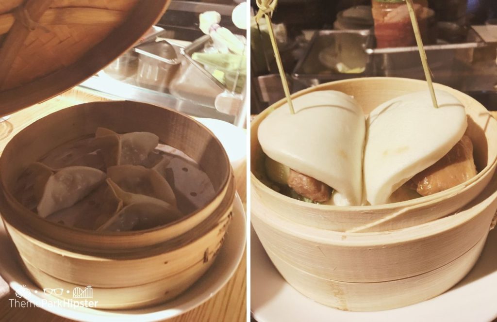 Walt Disney World Disney Springs Morimoto Asia Restaurant chicken dumplings and bao bun. Keep reading for the full guide to the Walt Disney Dining Plan.