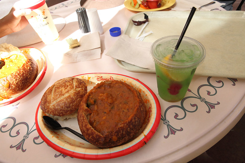 A bread bowl with Gumbo and a mint julep in New Orleans Square at Disneyland park