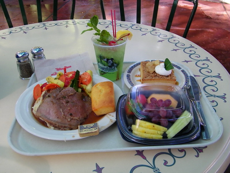 Roast beef with vegetable medley and cornbread, fruit platter, apple cobbler and mint julep at Disneyland